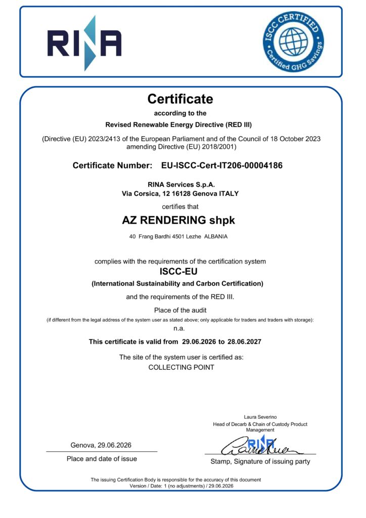 Rina Certificate Iscc Eu Az Rendering Shpk